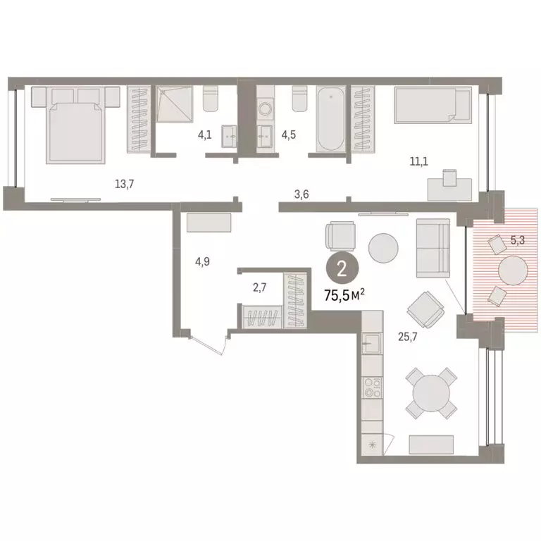 2-комнатная квартира: Тюмень, улица Муравленко, 9/2 (75.5 м) - Фото 1