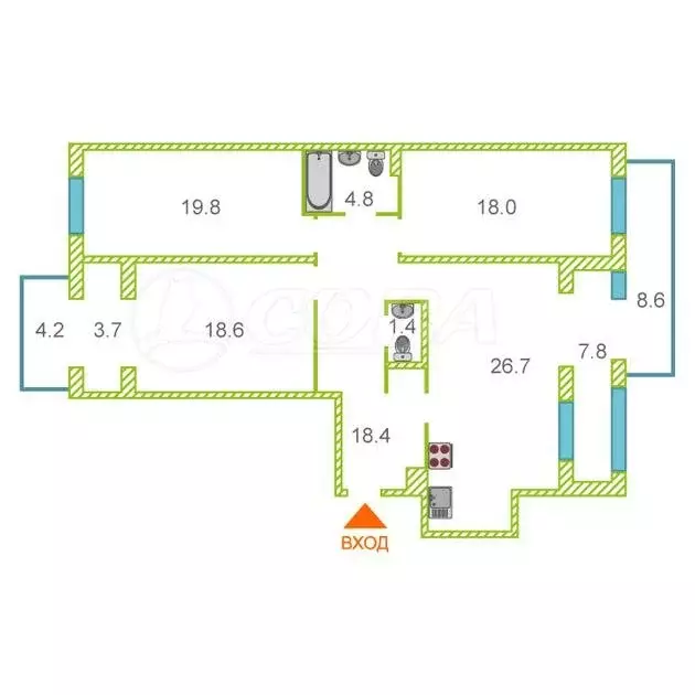 3-комнатная квартира: Тюмень, улица Федюнинского, 30к8 (131.3 м) - Фото 0