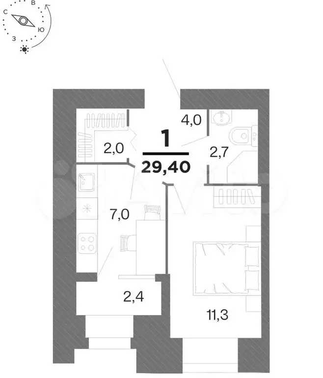 1-к. квартира, 29,4 м, 14/16 эт. - Фото 0