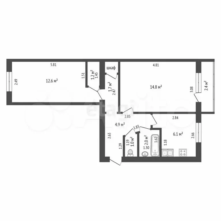 2-к. квартира, 46,7 м, 3/5 эт. - Фото 0