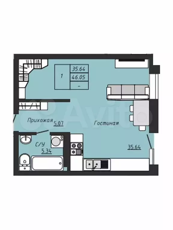 1-к. квартира, 46 м, 2/4 эт. - Фото 0