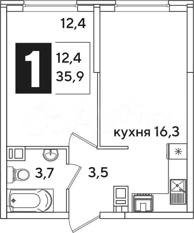 1-к. квартира, 35,9 м, 9/16 эт. - Фото 0