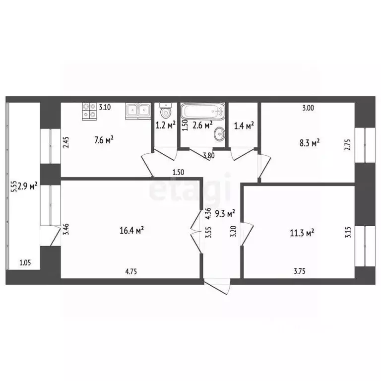 3-к кв. Башкортостан, Бирск ул. Мира, 148 (58.4 м) - Фото 2