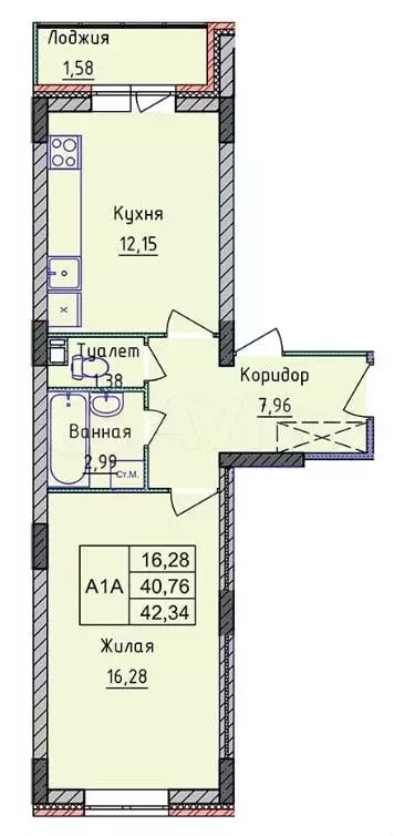 1-к. квартира, 42,3 м, 1/8 эт. - Фото 0