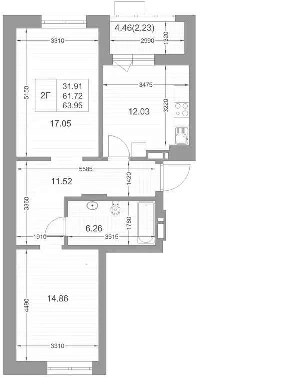 2-к квартира, 62.9 м - Фото 1