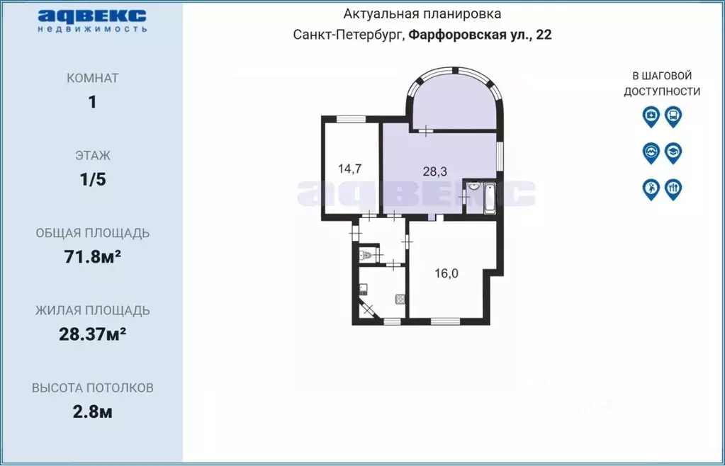 Комната Санкт-Петербург Фарфоровская ул., 22 (28.4 м) - Фото 2