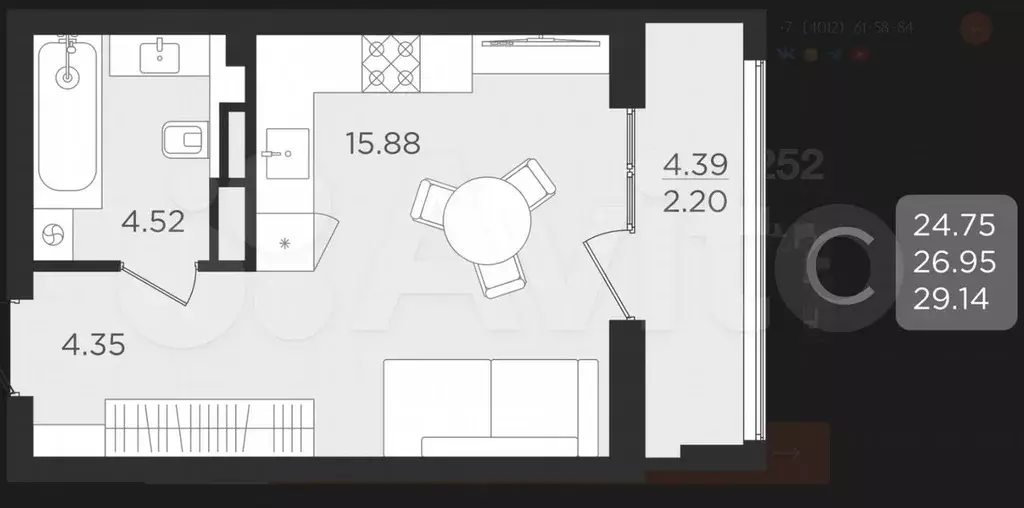 Квартира-студия, 29 м, 9/9 эт. - Фото 1