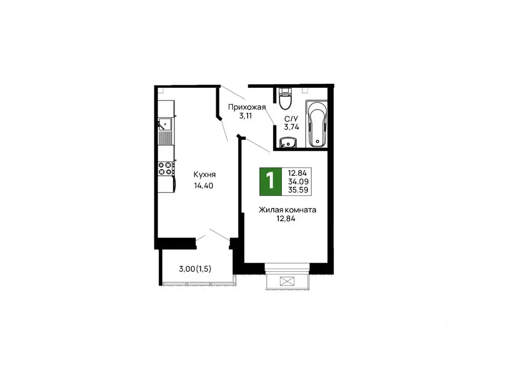 1-к кв. Адыгея, Майкоп 9 Мая ул., 14А (35.59 м) - Фото 1