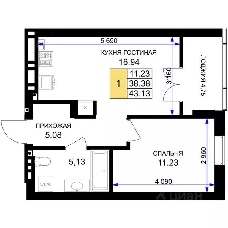 1-к кв. Калининградская область, Гурьевск Включи жилой комплекс (43.13 ... - Фото 0
