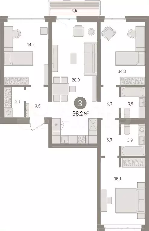 3-к. квартира, 96,2 м, 5/9 эт. - Фото 1