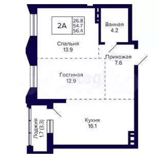 2-к. квартира, 56,4 м, 6/30 эт. - Фото 0