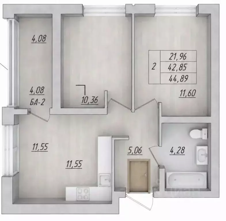 2-к кв. Башкортостан, Уфа ул. Воинов-Интернационалистов, 7 (42.8 м) - Фото 2