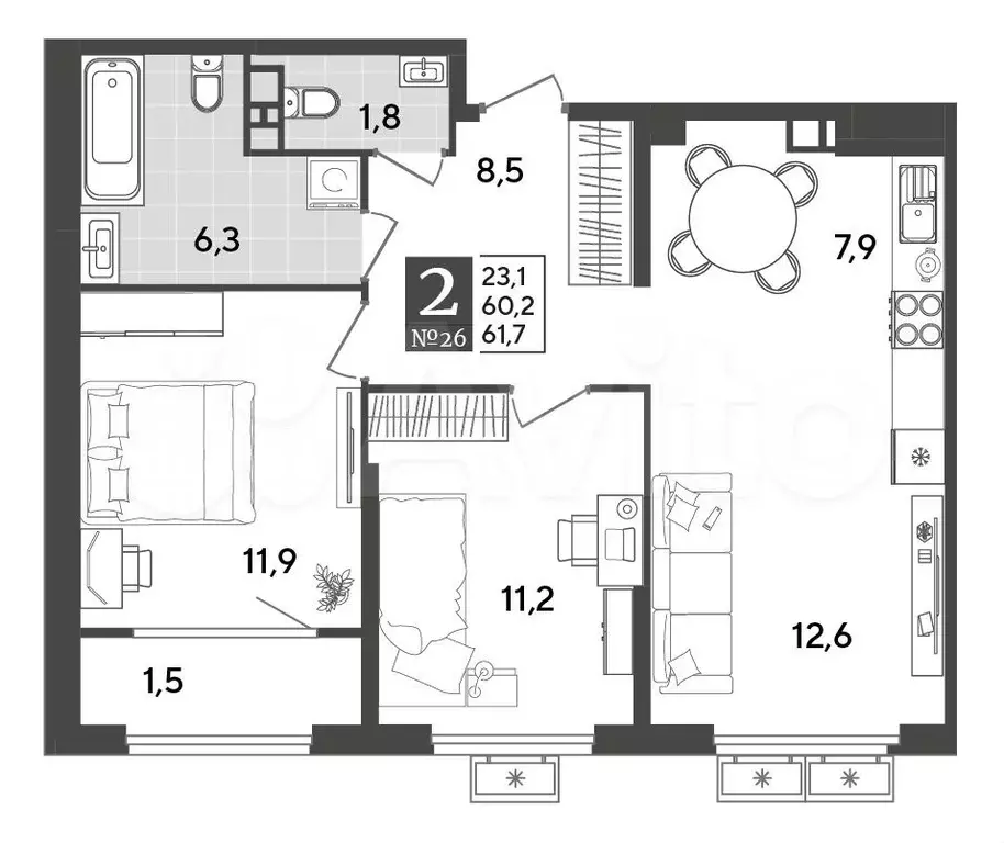 2-к. квартира, 61,7 м, 7/9 эт. - Фото 1