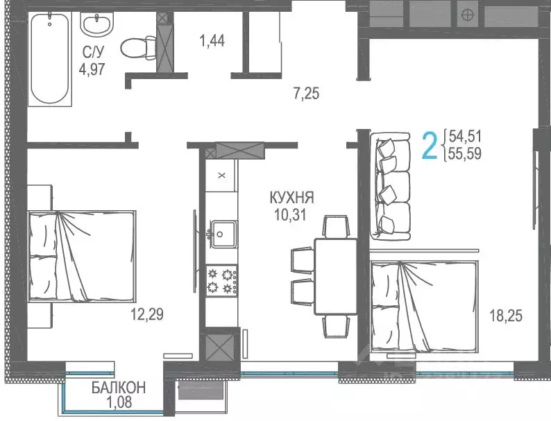 2-к кв. Крым, Симферопольский район, Гвардейское пгт, Республика жилой ... - Фото 1