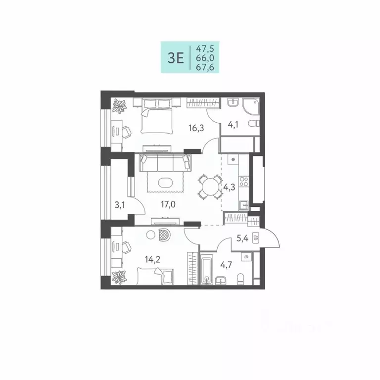 3-к кв. Пермский край, Пермь ул. Левченко, 8 (67.6 м) - Фото 1