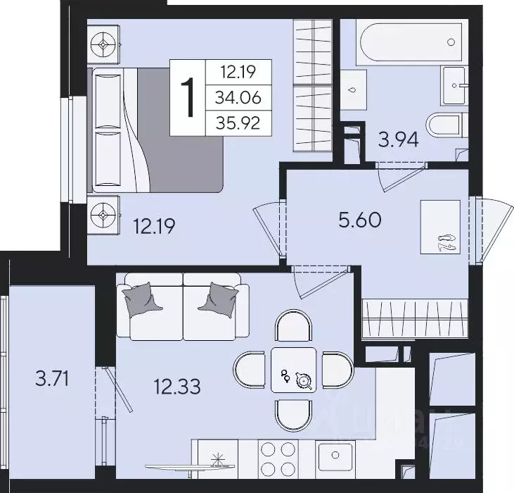 1-к кв. Краснодарский край, Краснодар  (35.92 м) - Фото 2