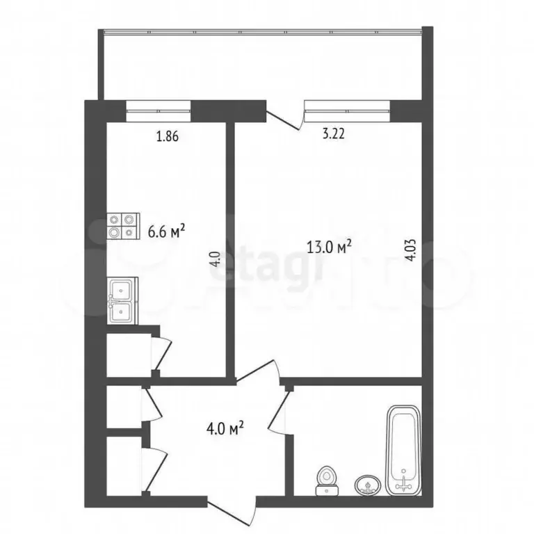1-к. квартира, 28,7 м, 4/4 эт. - Фото 1