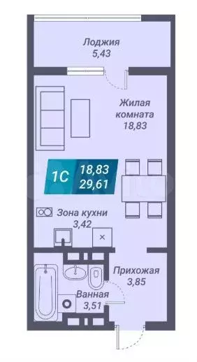 Квартира-студия, 29,6 м, 7/25 эт. - Фото 1