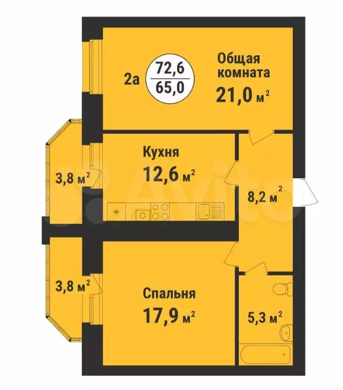 2-к. квартира, 72,6 м, 8/9 эт. - Фото 0