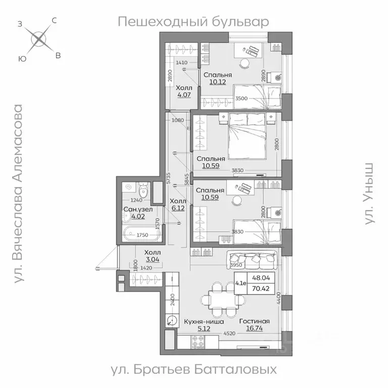 3-к кв. Татарстан, Казань ул. Рауиса Гареева (70.41 м) - Фото 0