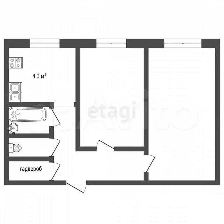 2-к. квартира, 44,3 м, 1/5 эт. - Фото 0