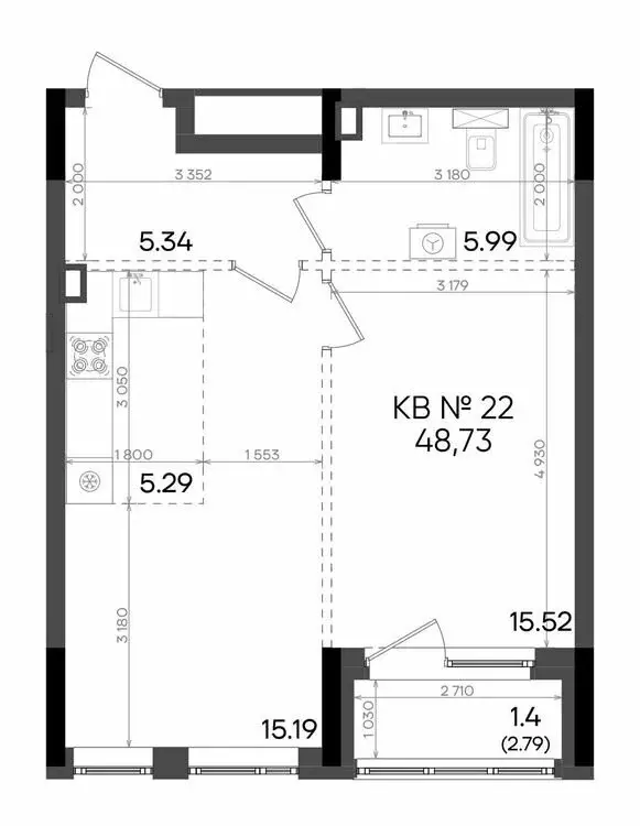 2-комнатная квартира: Казань, улица Аделя Кутуя, 181Ж (48.73 м) - Фото 0