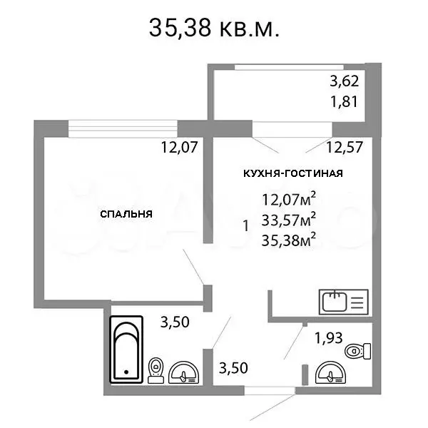 1-к. квартира, 33,6 м, 4/16 эт. - Фото 0