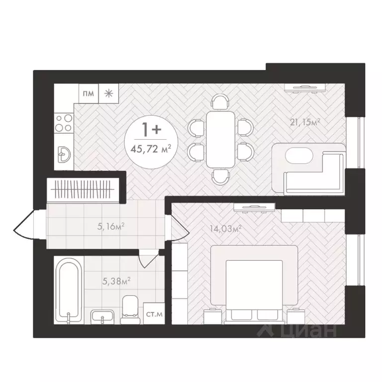 1-к кв. Башкортостан, Уфа Южный-2 мкр,  (45.72 м) - Фото 1