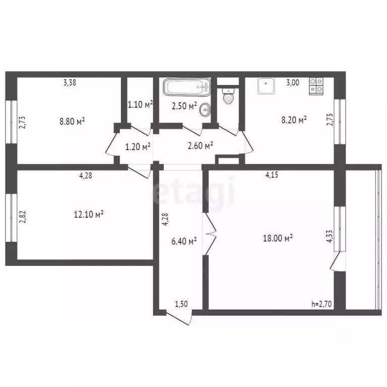 3-к кв. Кемеровская область, Прокопьевск ул. Есенина, 26 (61.8 м) - Фото 1