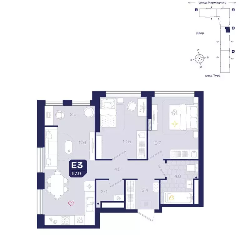 3-комнатная квартира: Тюмень, улица Евгения Войнова, 3 (57 м) - Фото 0