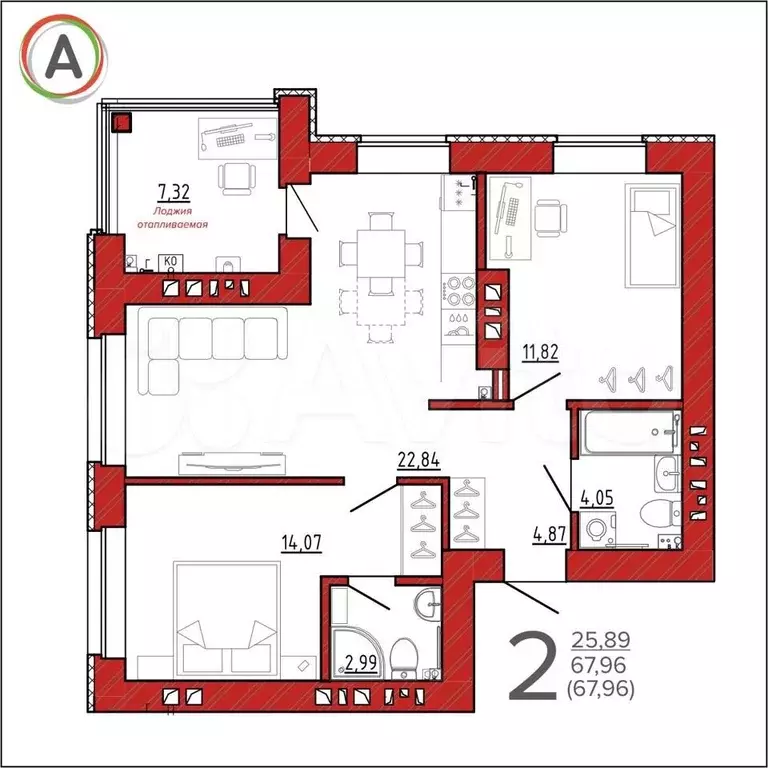 2-к. квартира, 68 м, 2/9 эт. - Фото 0