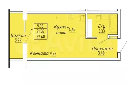 Апартаменты-студия, 22,5 м, 5/9 эт. - Фото 1