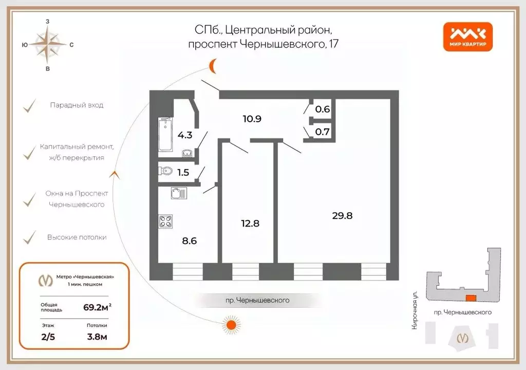 2-к кв. Санкт-Петербург просп. Чернышевского, 17 (69.2 м) - Фото 1