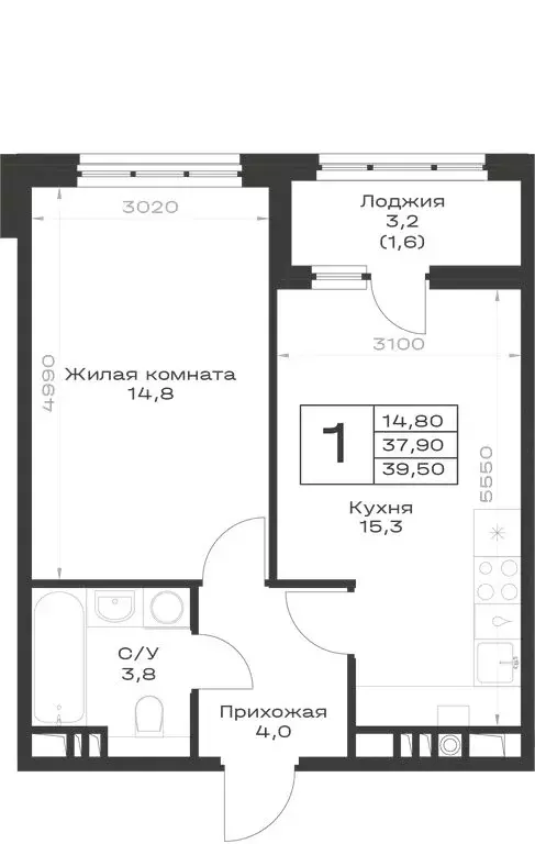 1-комнатная квартира: Гулькевичи, ЖК Экосфера (39.5 м) - Фото 1