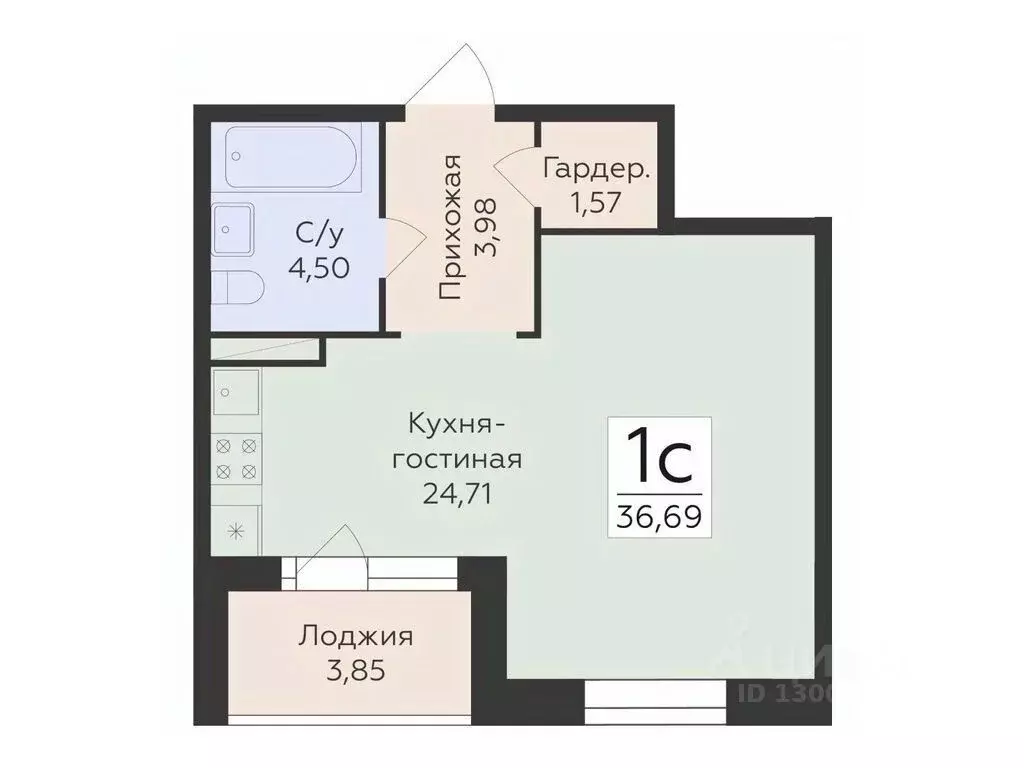 Студия Воронежская область, Воронеж ул. Матросова, 60 (39.69 м) - Фото 1