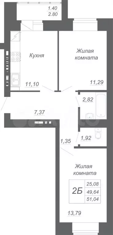 2-к. квартира, 51 м, 2/10 эт. - Фото 0