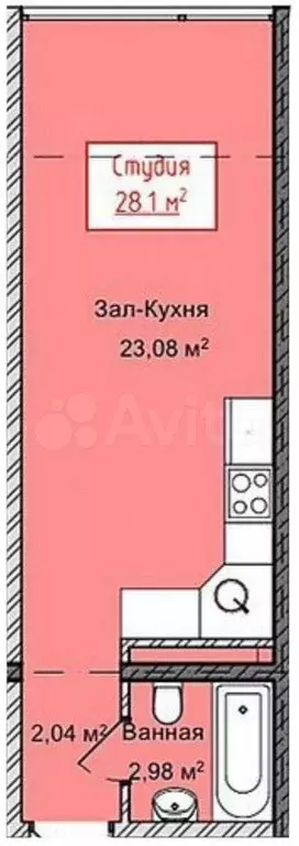 Квартира-студия, 28,1 м, 5/13 эт. - Фото 1