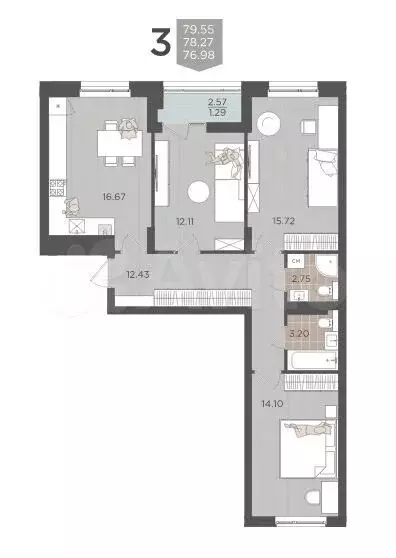 3-к. квартира, 79,6 м, 7/9 эт. - Фото 1