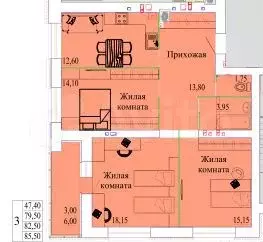 3-к. квартира, 85,5 м, 8/9 эт. - Фото 0