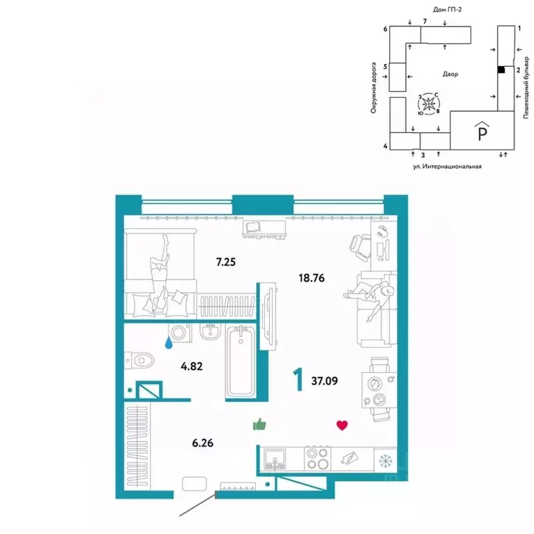 1-к кв. Тюменская область, Тюмень Интернациональная ул., 199к9 (37.09 ... - Фото 1