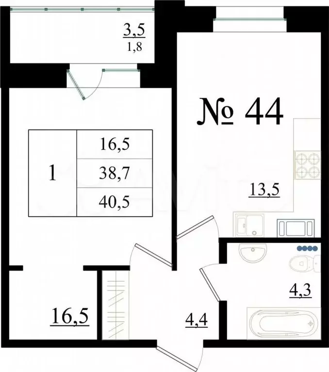 1-к. квартира, 40,5м, 5/8эт. - Фото 0