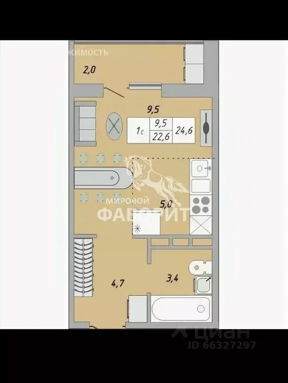 Студия Оренбургская область, Оренбург ул. Юркина, 2 (22.7 м) - Фото 2