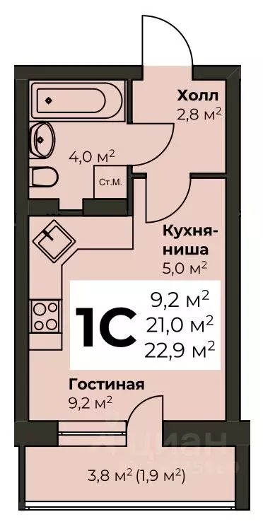 Студия Пермский край, Пермь ул. Вильямса, 29 (23.0 м) - Фото 0