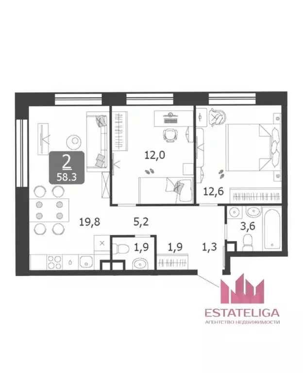 2-к кв. Москва 3-я оч., Шагал жилой комплекс, к9 (58.3 м) - Фото 1