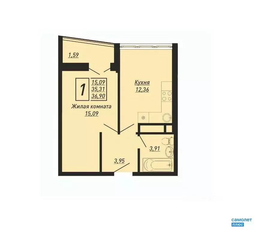 1-комнатная квартира: село Ольгинка, Солнечная улица, 21 (36.9 м) - Фото 1