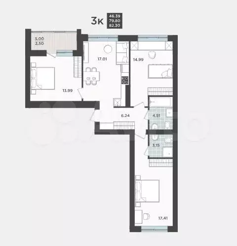 3-к. квартира, 79,8 м, 3/9 эт. - Фото 1