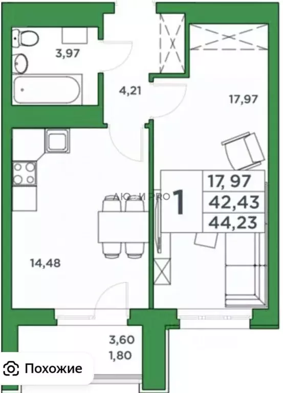 1-к кв. Башкортостан, Уфа Комсомольская ул., 8 (44.23 м) - Фото 2