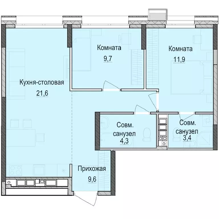 2-комнатная квартира: Казань, жилой комплекс Паркмаяк (60.4 м) - Фото 0