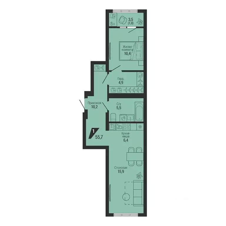 1-к кв. Свердловская область, Екатеринбург Вторчермет жилрайон,  (55.1 ... - Фото 1
