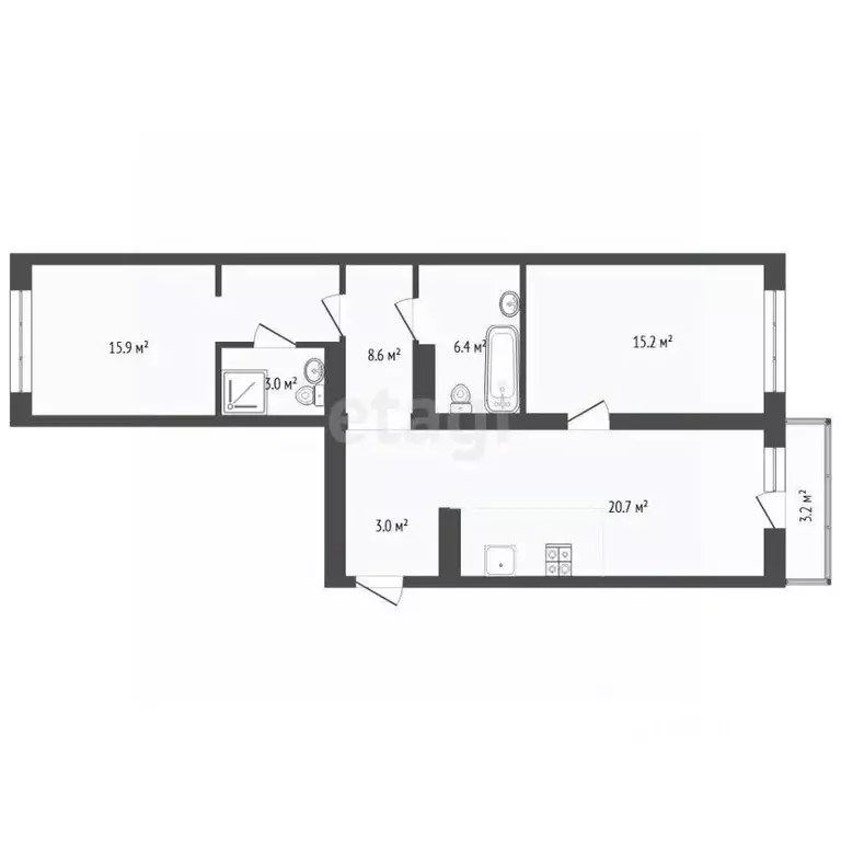 2-к кв. Тюменская область, Тюмень Причальная ул., 7 (75.92 м) - Фото 1